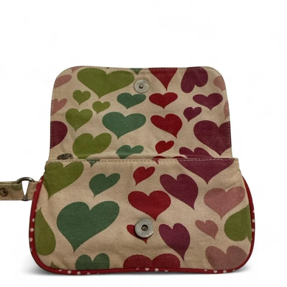 Bungalow‎ 360 Wristlet Clutch Womens OS Beige Red Heart Canvas